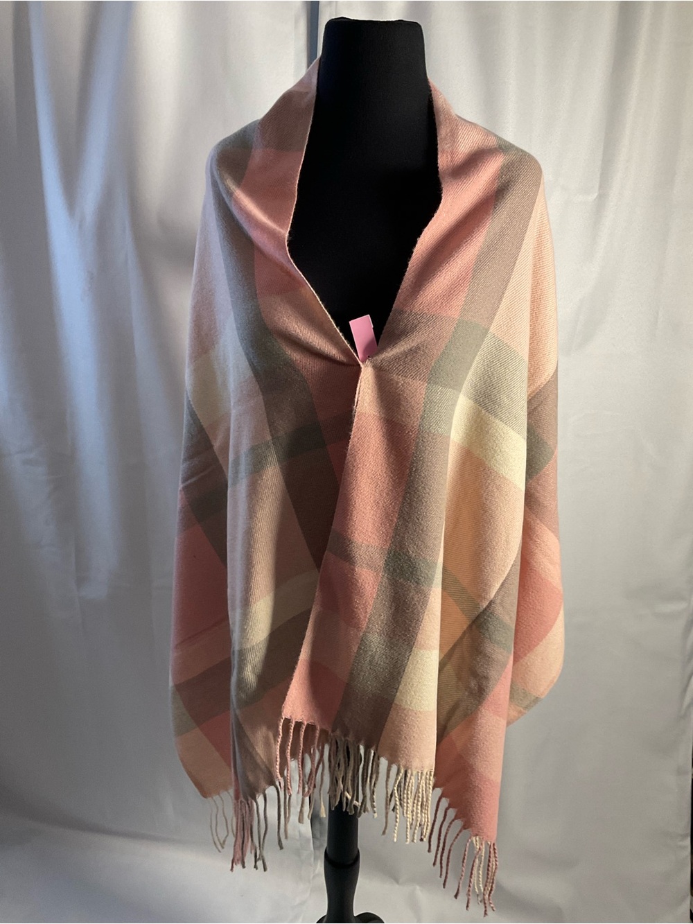 Soft Pink Plaid Fringe Wrap Shawl